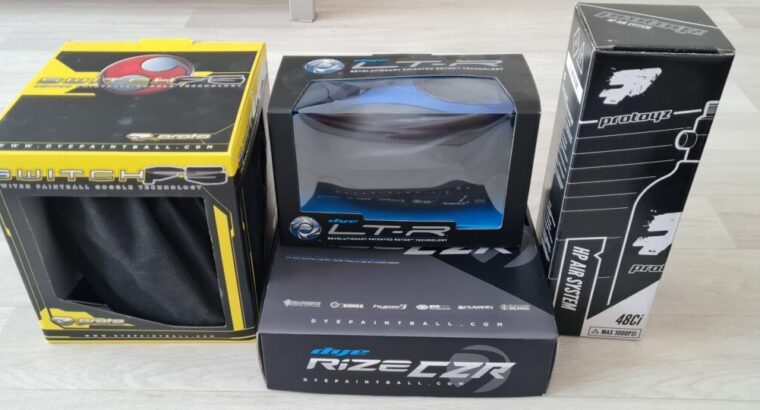 DYE RIZE CZR Paintball Markierer Set BLUE GREY Cal 68 mit 0,8l Tank(inkl. Verkleidung), LT-R(Hopper),Proto thermal maske & Laufreiniger