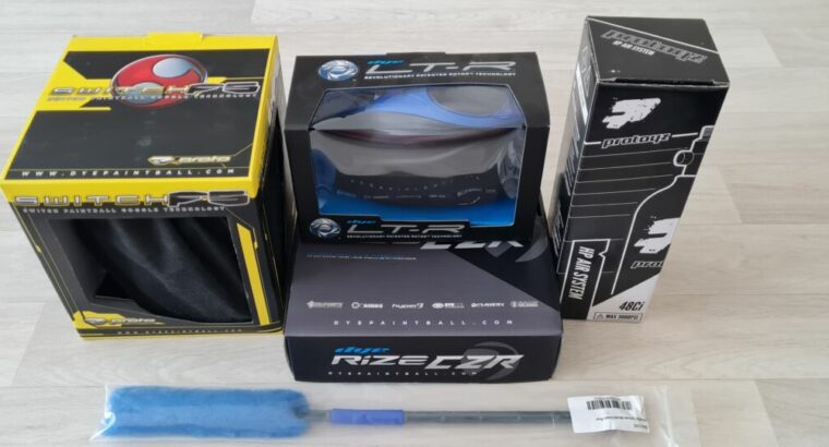 DYE RIZE CZR Paintball Markierer Set BLUE GREY Cal 68 mit 0,8l Tank(inkl. Verkleidung), LT-R(Hopper),Proto thermal maske & Laufreiniger